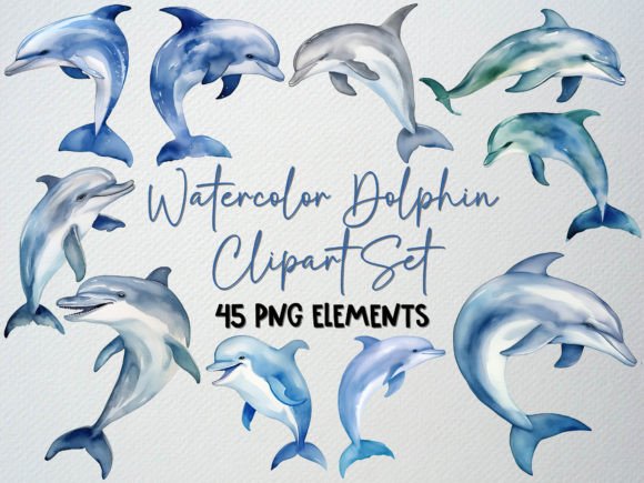 Download Watercolor Dolphin Clipart Set, 45 PNG - Art Collection