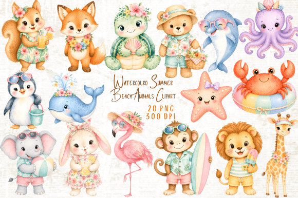 Download Watercolor Summer Beach Animals Clipart - Art Collection