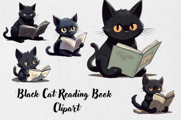 Download Black Cat Reading Book Clipart. - Art Collection