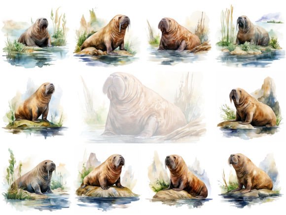 Download Cute Watercolor Walrus Clipart Image Set - Art Collection