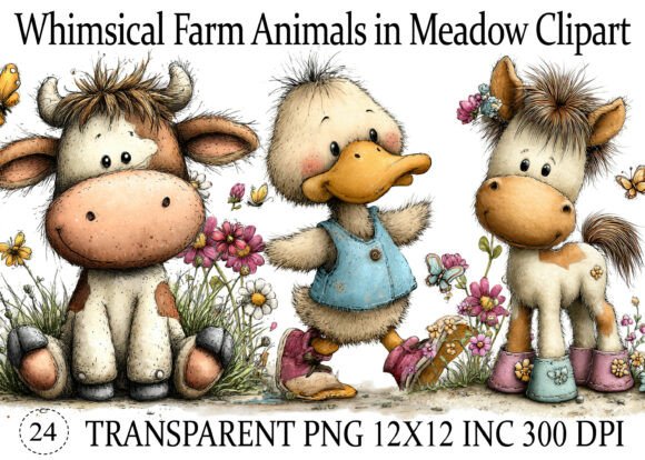 Download Whimsical Farm Animals in Meadow Clipart - Art Collection
