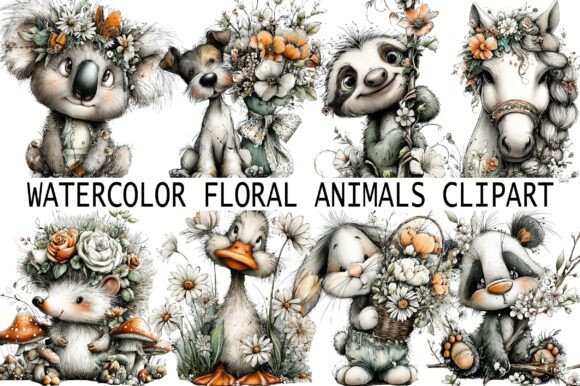 Download Watercolor Floral Animals Clipart - Premium Bundle