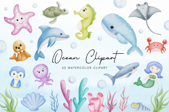 Download Ocean Animals Cute Watercolor Clipart - Art Collection
