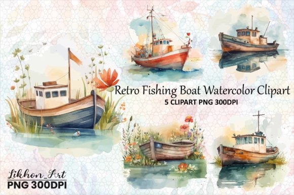 Download Retro Fishing Boat Watercolor Clipart - Art Collection