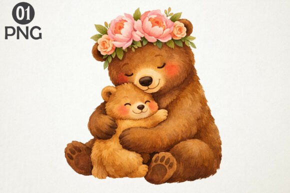 Download Cute Bear Mom Baby Floral Clipart PNG - Art Collection