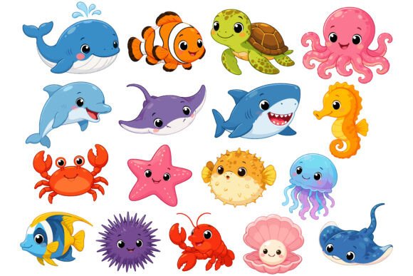 Download Cute Kawaii Sea Animals Clipart Set - Art Collection
