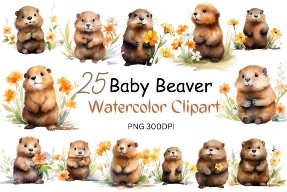 Download Watercolor Baby Beaver Clipart Bundle - Art Collection