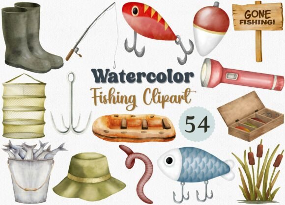 Download Watercolor Fishing Clipart Set, 54 PNG - Art Collection