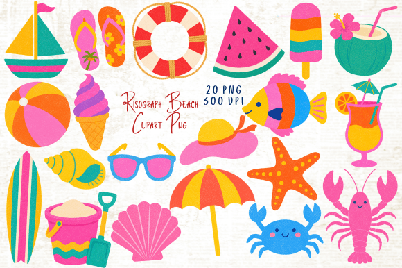 Download Risograph Beach Clipart PNG Bundle - Art Collection