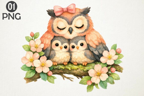 Download Cute Owl Family Floral Clipart PNG Art - Art Collection