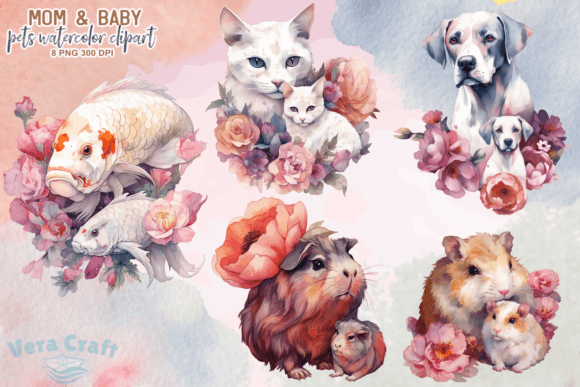 Download Mom &amp; Baby Pets Watercolor Clipart - Art Collection
