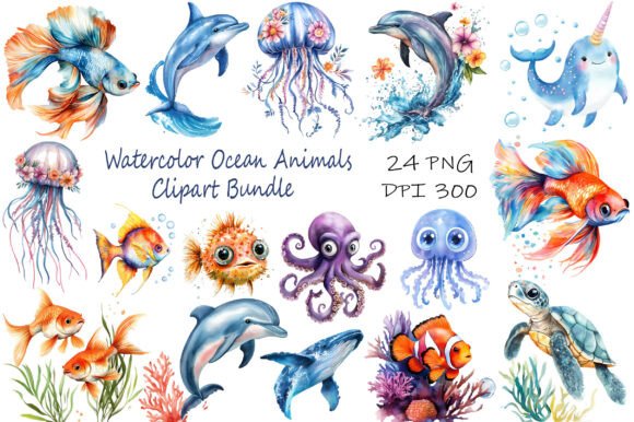 Download Watercolor Ocean Animals Clipart Bundle - Art Collection