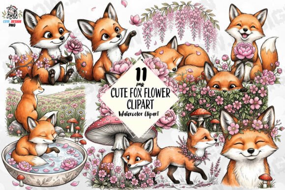 Download Cute Fox Flower Clipart PNG - Art Collection