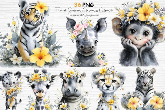 Download Floral Safari Animals Clipart PNG - Art Collection