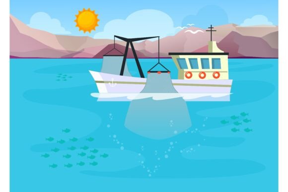 Download Cartoon Fishing Boat with Lowered Fishin - Art Collection