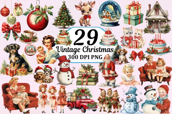 Download Vintage Christmas Watercolor Clipart PNG Pack - Art Collection