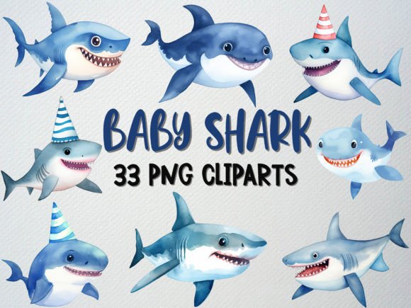 Download Watercolor Baby Shark Clipart Set, 33 PNG - Art Collection