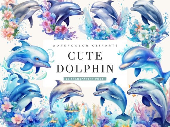 Download Watercolor Cute Dolphin Clipart Bundle - Art Collection