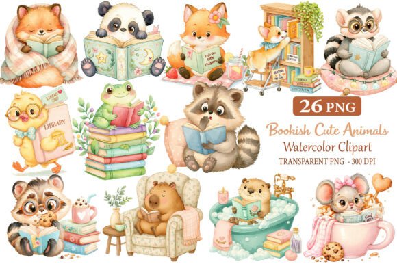 Download Bookish Cute Animals Watercolor Cliparts - Art Collection