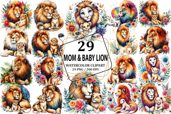 Download Watercolor Mom &amp; Baby Lion Clipart PNG - Art Collection