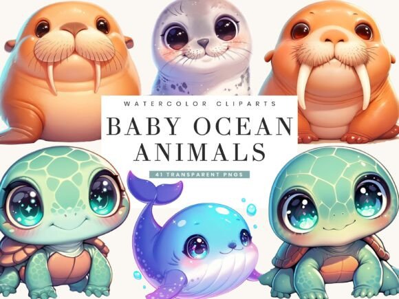 Download Cute Kawaii Baby Ocean Animals Clipart - Art Collection