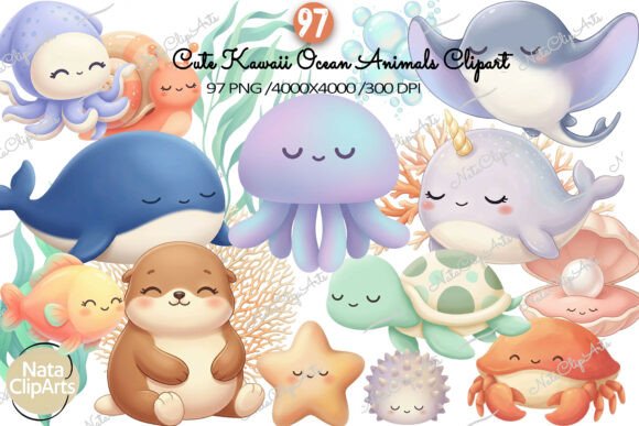 Download Cute Kawaii Ocean Animals Clipart Set - Art Collection