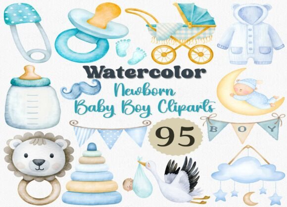 Download Watercolor Newborn Baby Boy Clipart Set - Art Collection