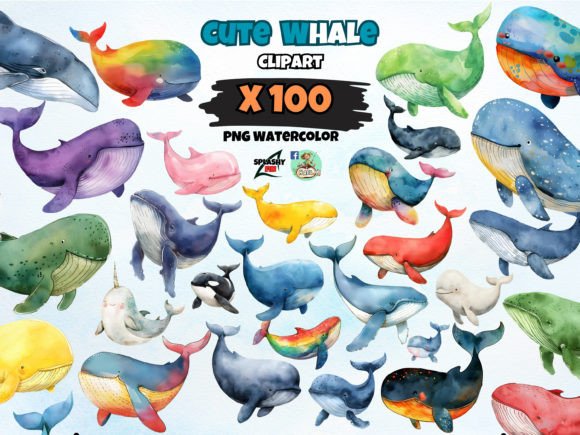Download Watercolor Cute Whale Clipart PNG Bundle - Art Collection