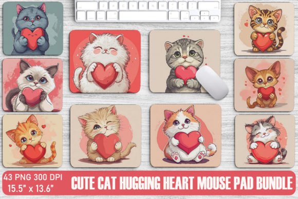 Download Cute Cat Hugging Heart Mouse Pad - Art Collection