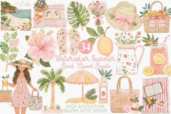Download Watercolor Summer Beach Clipart Bundle - Art Collection