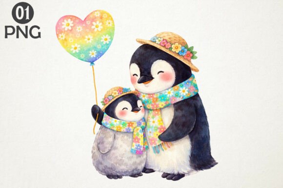Download Cute Penguin Mom Baby Floral Clipart PNG - Art Collection