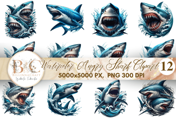 Download Watercolor Angry Shark Clipart Bundle - Art Collection