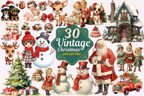 Download Vintage Christmas Watercolor Clipart PNG Bundle - Art Collection