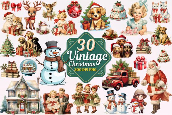 Download Vintage Christmas Watercolor Clipart PNG Pack - Art Collection