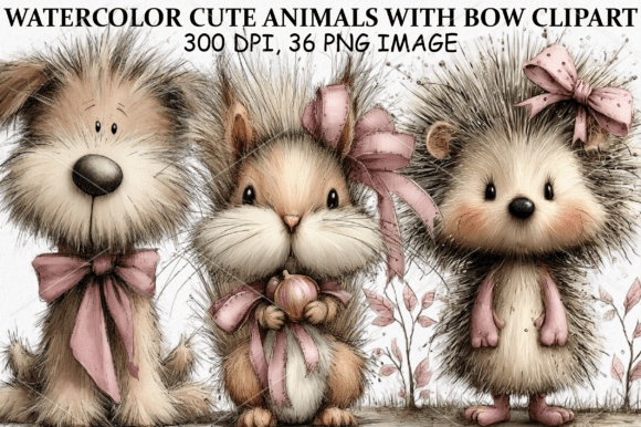Download Watercolor Cute Animals with Bow Clipart - Art Collection